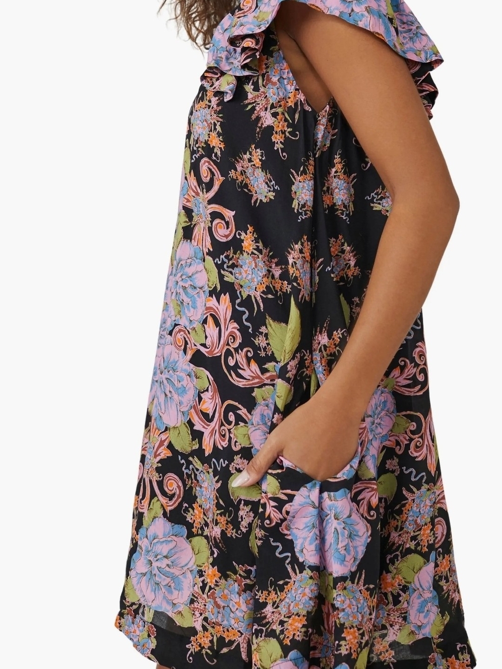 Free People Black Flowers Floral Swing Dress with Pink & Blue Flowers - Picture 2 of 11
